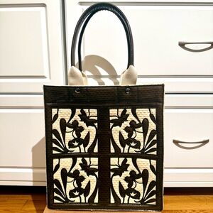 Brown and Cream Straw and Patent Leather Tote Bag